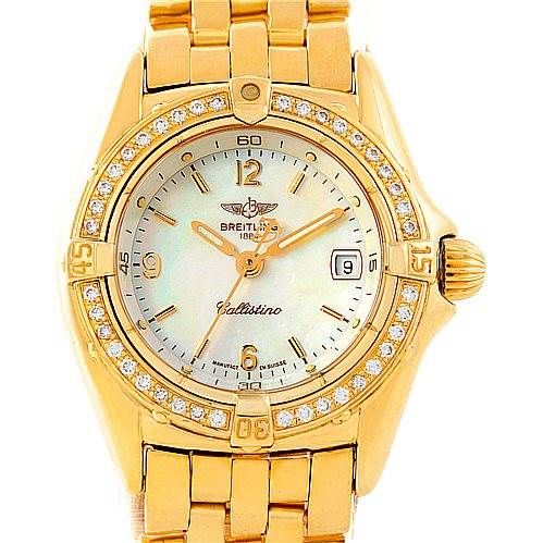 This image shows a Breitling K52045 Women's Yellow Gold Mother of Pearl Dial K52045 Women's Yellow Gold Mother of Pearl Dial Callistino Ladies 18K Yellow Gold Diamond Watch K52045 model from a front angle, displaying the face, bezel, and bracelet.