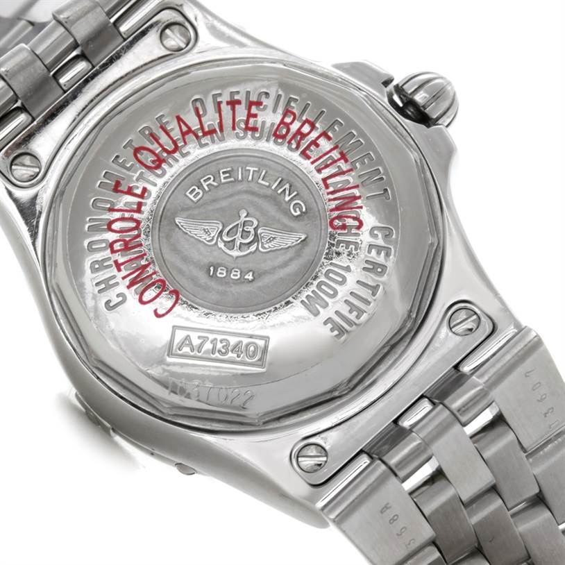 This image shows the back case of the Breitling A71340 Women's Stainless Steel Mother of Pearl Dial A71340 Women's Stainless Steel Mother of Pearl Dial Starliner Ladies Mother of Pearl Diamond Watch A71340 model.