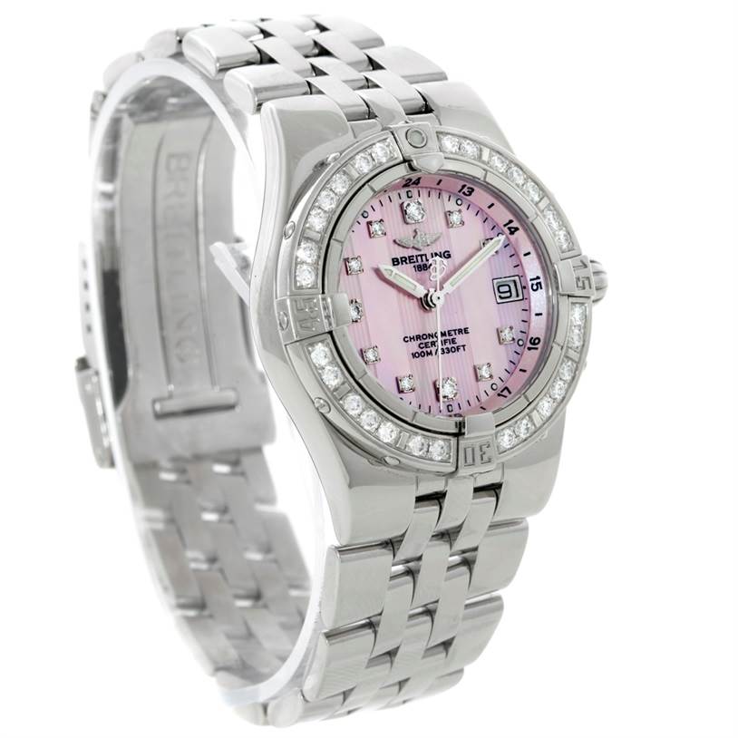 This image shows a front angle of the Breitling A71340 Women's Stainless Steel Mother of Pearl Dial A71340 Women's Stainless Steel Mother of Pearl Dial Starliner Ladies Mother of Pearl Diamond Watch A71340, highlighting its face and bracelet.