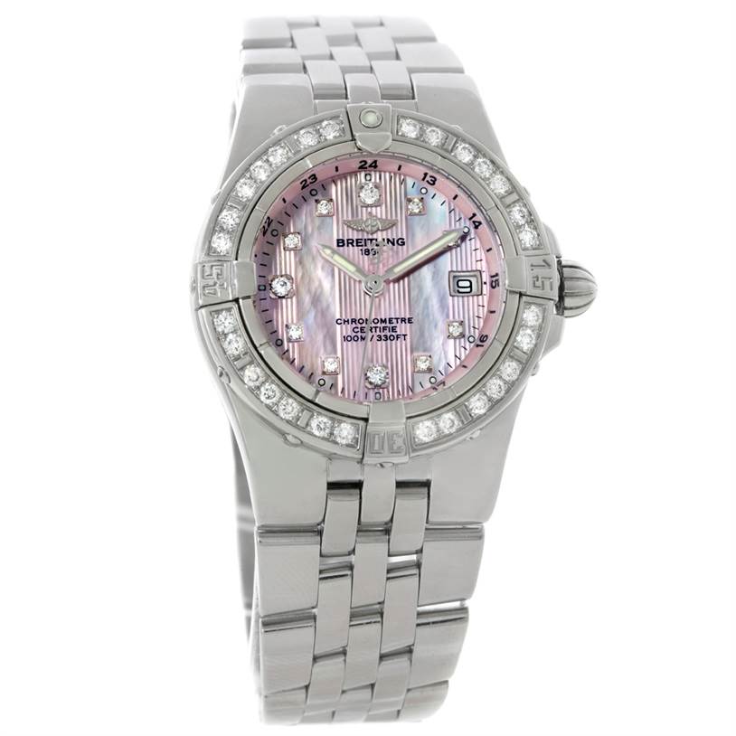 The Breitling A71340 Women's Stainless Steel Mother of Pearl Dial A71340 Women's Stainless Steel Mother of Pearl Dial Starliner Ladies Mother of Pearl Diamond Watch A71340 is shown from a front angle, highlighting its dial, bezel, and bracelet.