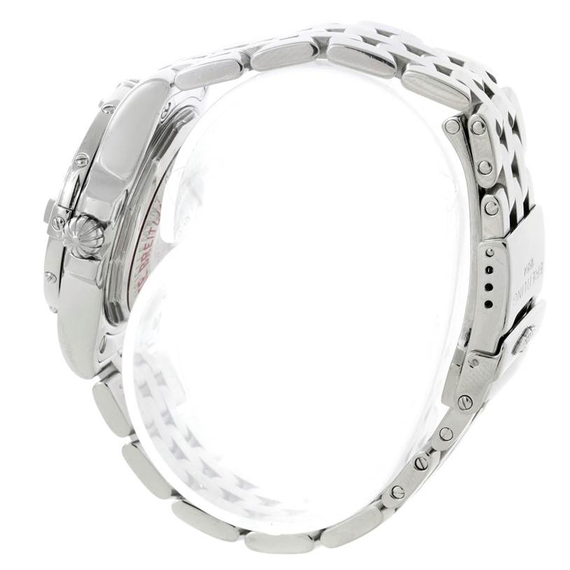 This image shows the side view of the Breitling A71340 Women's Stainless Steel Mother of Pearl Dial A71340 Women's Stainless Steel Mother of Pearl Dial Starliner Ladies Mother of Pearl Diamond Watch A71340, highlighting its bracelet and clasp.