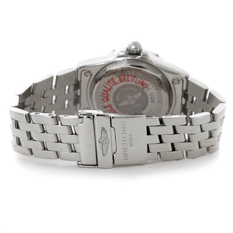 The image shows the back view of the Breitling A71340 Women's Stainless Steel Mother of Pearl Dial A71340 Women's Stainless Steel Mother of Pearl Dial Starliner Ladies Mother of Pearl Diamond Watch A71340, highlighting the clasp and bracelet.