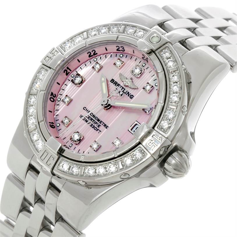 This image shows a frontal close-up view of the Breitling A71340 Women's Stainless Steel Mother of Pearl Dial A71340 Women's Stainless Steel Mother of Pearl Dial Starliner Ladies Mother of Pearl Diamond Watch A71340.