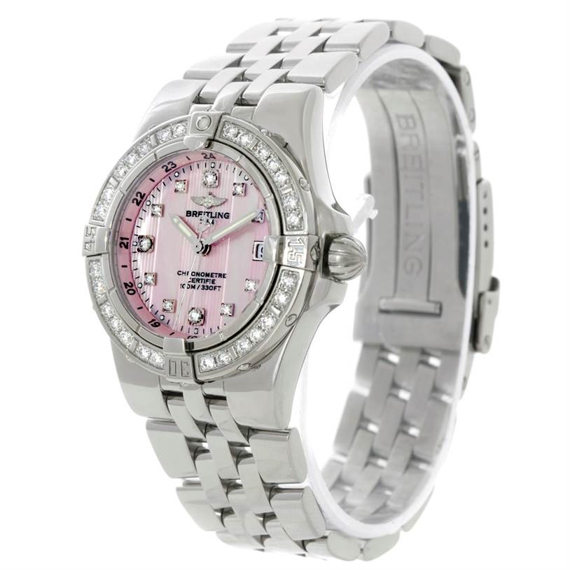 The image shows a Breitling A71340 Women's Stainless Steel Mother of Pearl Dial A71340 Women's Stainless Steel Mother of Pearl Dial Starliner Ladies Mother of Pearl Diamond Watch A71340 from an angled front view, displaying the dial, bezel, and bracelet.