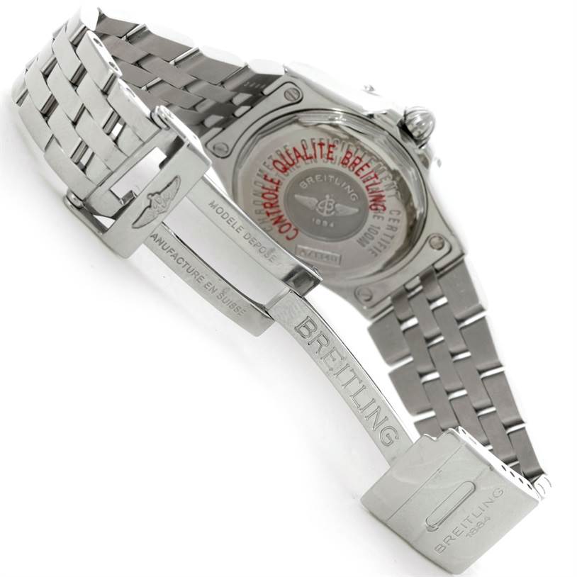 The image shows the Breitling A71340 Women's Stainless Steel Mother of Pearl Dial A71340 Women's Stainless Steel Mother of Pearl Dial Starliner Ladies Mother of Pearl Diamond Watch A71340 model from the back, focusing on the clasp and case back.