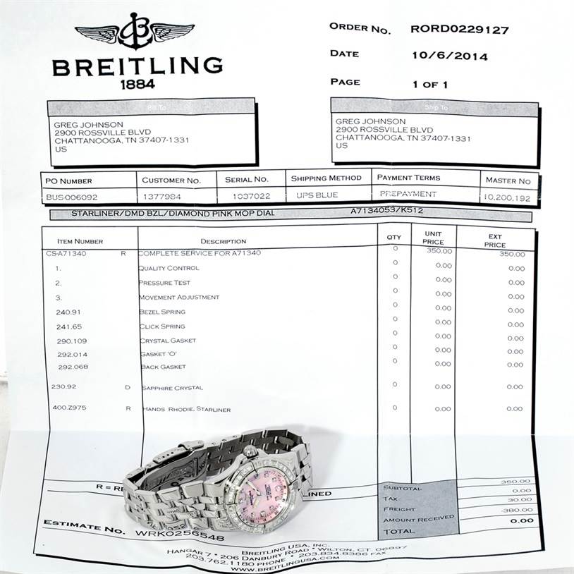 The image shows a Breitling A71340 Women's Stainless Steel Mother of Pearl Dial A71340 Women's Stainless Steel Mother of Pearl Dial Starliner Ladies Mother of Pearl Diamond Watch A71340 set at an angle, highlighting the bracelet and dial.