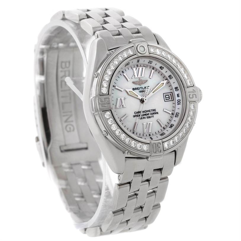 The Breitling A67365 Women
s Stainless Steel Mother of Pearl Dial A67365 Women
s Stainless Steel Mother of Pearl Dial Windrider Cockpit Ladies Diamond Watch A67365 is shown at a front angle, highlighting the dial, bezel, and bracelet.