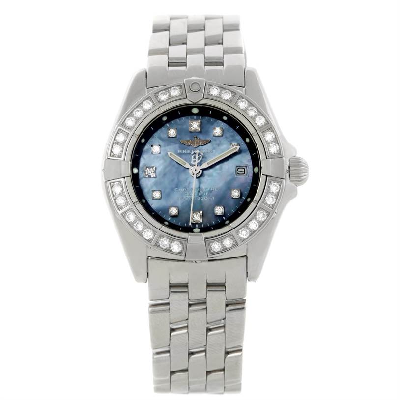 The image shows a front view of the Breitling A72345 Women's Stainless Steel Mother of Pearl Dial A72345 Women's Stainless Steel Mother of Pearl Dial Callisto Ladies Mother of Pearl Diamond Watch A72345, highlighting its face and bracelet.