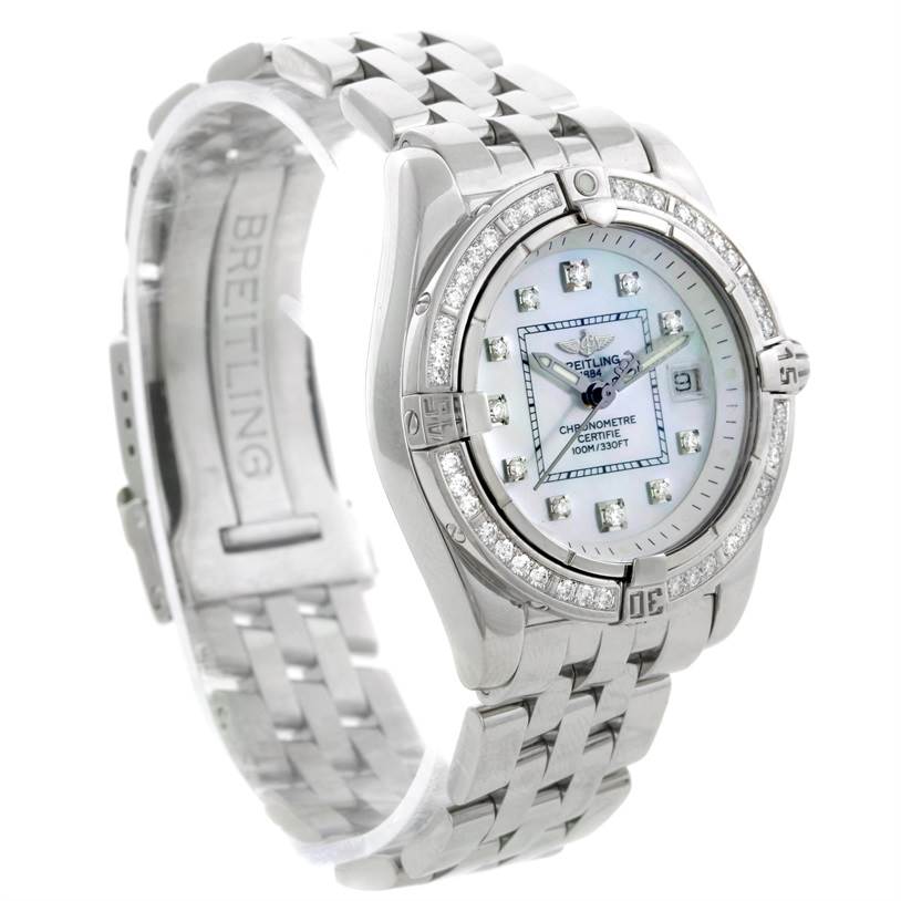 The Breitling A71356 Women's Stainless Steel Mother of Pearl Dial A71356 Women's Stainless Steel Mother of Pearl Dial Windrider Cockpit Ladies MOP Diamond Watch A71356 is shown at a front angle, displaying the dial, bezel, and bracelet.