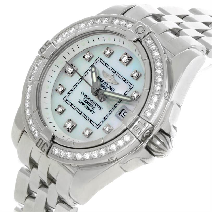 The Breitling A71356 Women's Stainless Steel Mother of Pearl Dial A71356 Women's Stainless Steel Mother of Pearl Dial Windrider Cockpit Ladies MOP Diamond Watch A71356 is shown at an angle highlights the dial, bezel, and part of the bracelet.