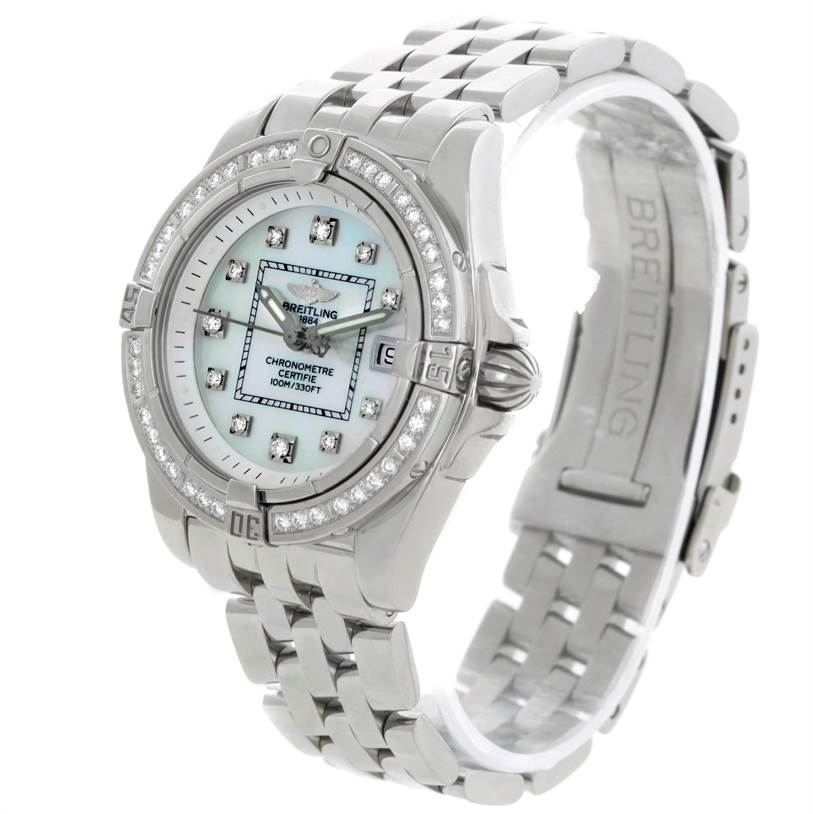The Breitling A71356 Women's Stainless Steel Mother of Pearl Dial A71356 Women's Stainless Steel Mother of Pearl Dial Windrider Cockpit Ladies MOP Diamond Watch A71356 is shown at a three-quarter front angle, highlighting its face, bezel, and bracelet.