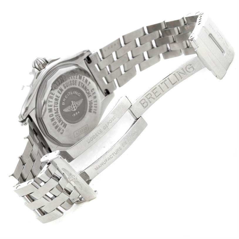 The image shows the backside and bracelet of the Breitling A71356 Women's Stainless Steel Mother of Pearl Dial A71356 Women's Stainless Steel Mother of Pearl Dial Windrider Cockpit Ladies MOP Diamond Watch A71356, including the clasp.