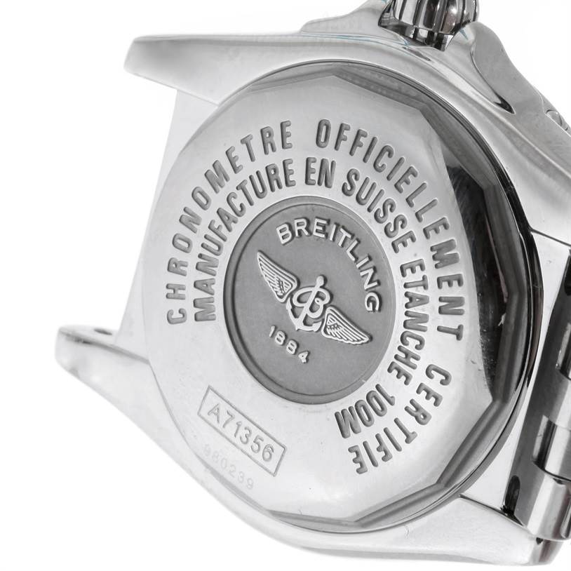 The image shows the back case of a Breitling A71356 Women's Stainless Steel Mother of Pearl Dial A71356 Women's Stainless Steel Mother of Pearl Dial Windrider Cockpit Ladies MOP Diamond Watch A71356 model.