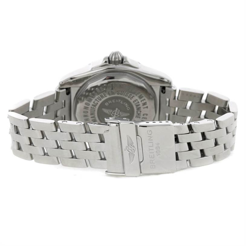 The image shows the back and bracelet of a Breitling A71356 Women's Stainless Steel Mother of Pearl Dial A71356 Women's Stainless Steel Mother of Pearl Dial Windrider Cockpit Ladies MOP Diamond Watch A71356.