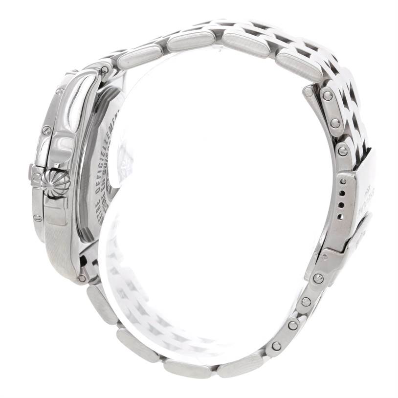 The image shows a side view of the Breitling A71356 Women's Stainless Steel Mother of Pearl Dial A71356 Women's Stainless Steel Mother of Pearl Dial Windrider Cockpit Ladies MOP Diamond Watch A71356 model, highlighting the crown and bracelet.