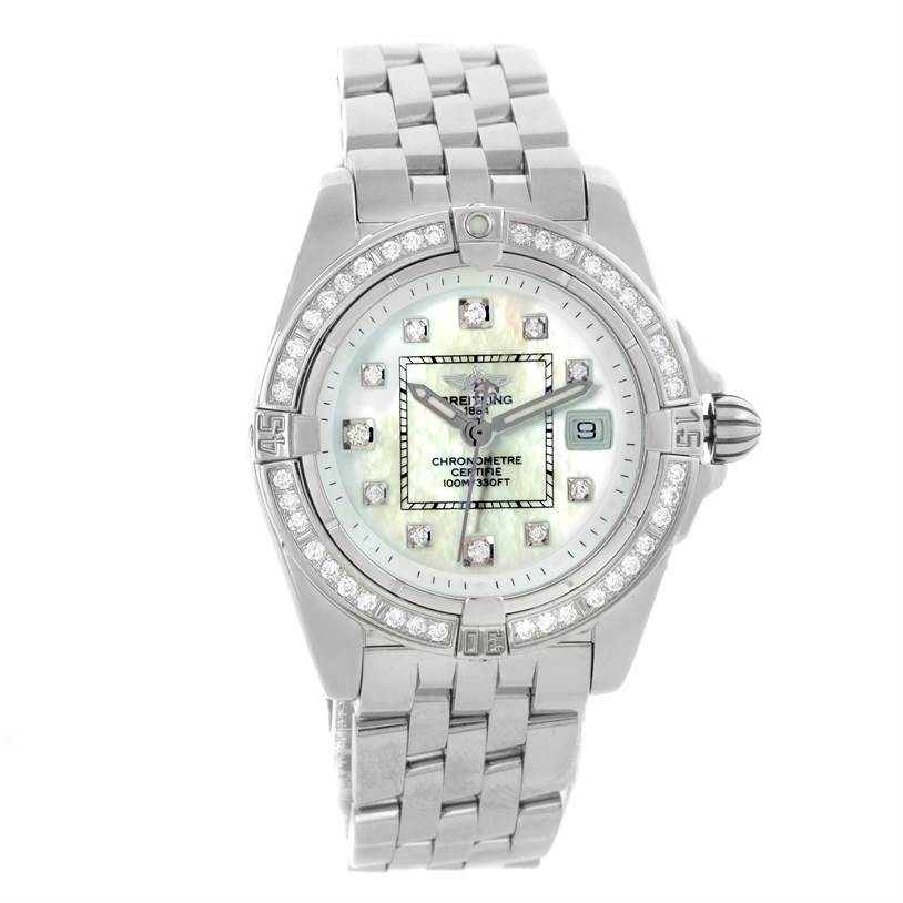 The Breitling A71356 Women's Stainless Steel Mother of Pearl Dial A71356 Women's Stainless Steel Mother of Pearl Dial Windrider Cockpit Ladies MOP Diamond Watch A71356 is shown from a front angle.