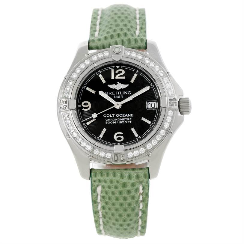The image shows a frontal view of the Breitling A67350 Women's Stainless Steel Black Dial A67350 Women's Stainless Steel Black Dial Colt Oceane SQ Ladies Diamond Watch A77350 with a green strap and diamond bezel.