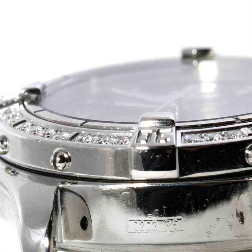 The image shows a close-up side angle of a Breitling A67350 Women's Stainless Steel Black Dial A67350 Women's Stainless Steel Black Dial Colt Oceane SQ Ladies Diamond Watch A77350, highlighting the bezel and casing.