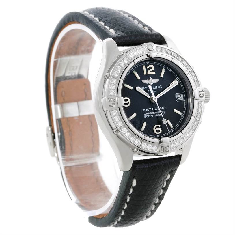 The image shows a side angle view of a Breitling A67350 Women
s Stainless Steel Black Dial A67350 Women
s Stainless Steel Black Dial Colt Oceane SQ Ladies Diamond Watch A77350, highlighting its face, bezel, and leather strap.
