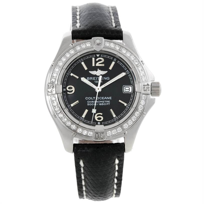 This image shows a front view of the Breitling A67350 Women
s Stainless Steel Black Dial A67350 Women
s Stainless Steel Black Dial Colt Oceane SQ Ladies Diamond Watch A77350 with a black dial and leather strap.