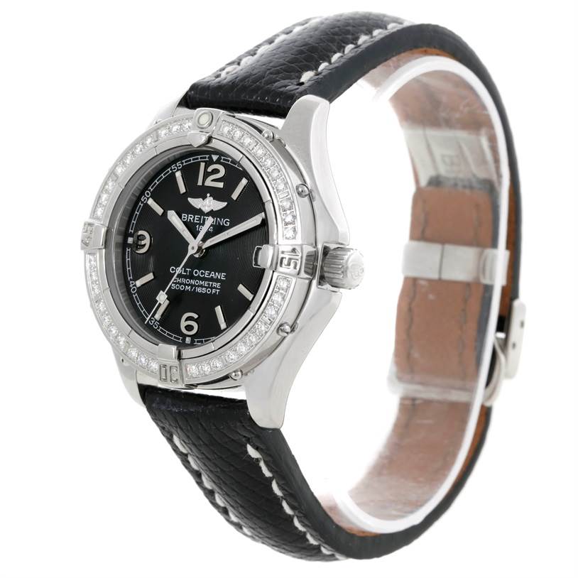 The image shows a side angle of the Breitling A67350 Women
s Stainless Steel Black Dial A67350 Women
s Stainless Steel Black Dial Colt Oceane SQ Ladies Diamond Watch A77350, highlighting its face, bezel and strap.