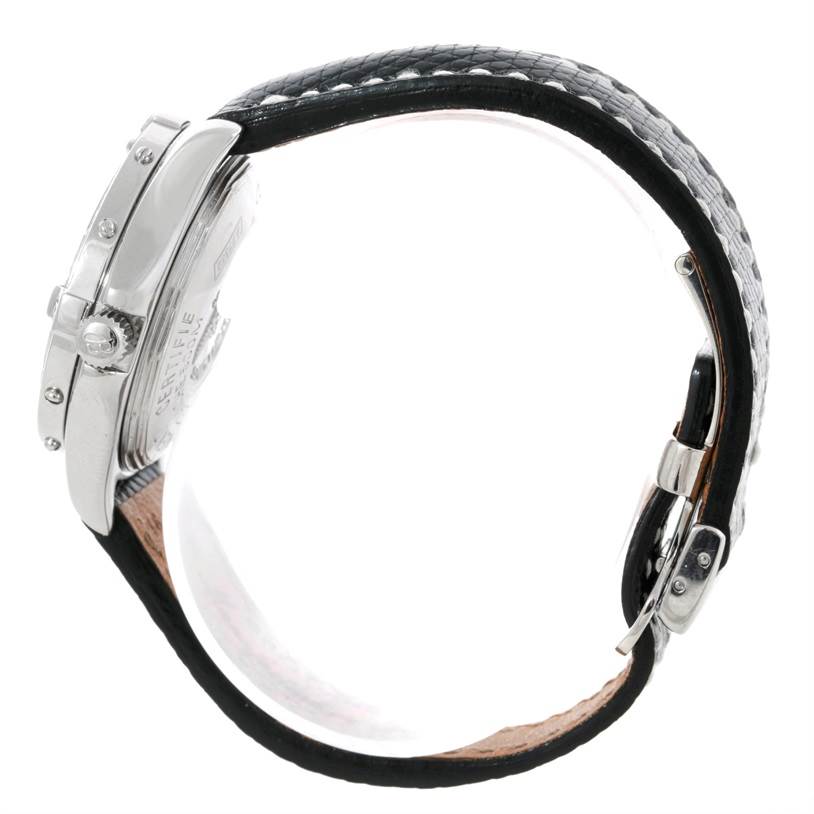 This side view of the Breitling A67350 Women
s Stainless Steel Black Dial A67350 Women
s Stainless Steel Black Dial Colt Oceane SQ Ladies Diamond Watch A77350 showcases the watch
s bezel, crown, and part of the strap.