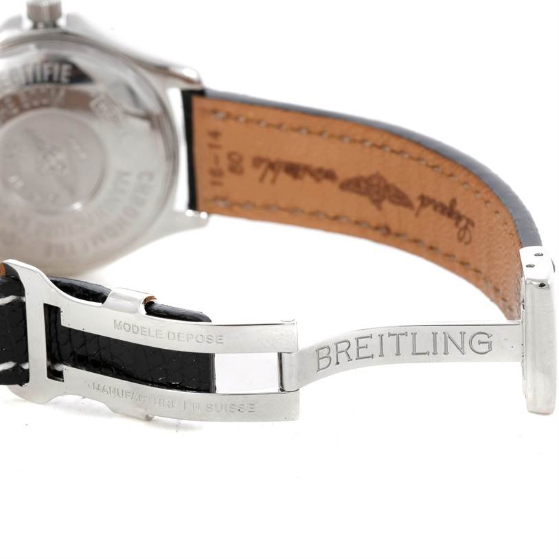 The image shows the back case, leather strap, and clasp of the Breitling A67350 Women
s Stainless Steel Black Dial A67350 Women
s Stainless Steel Black Dial Colt Oceane SQ Ladies Diamond Watch A77350 model.