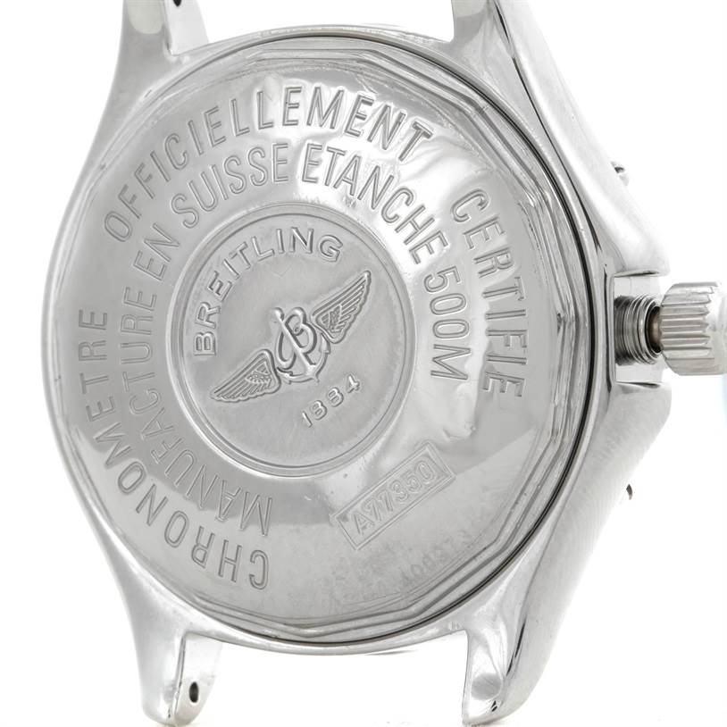 The image shows the back case and crown of the Breitling A67350 Women
s Stainless Steel Black Dial A67350 Women
s Stainless Steel Black Dial Colt Oceane SQ Ladies Diamond Watch A77350 model.