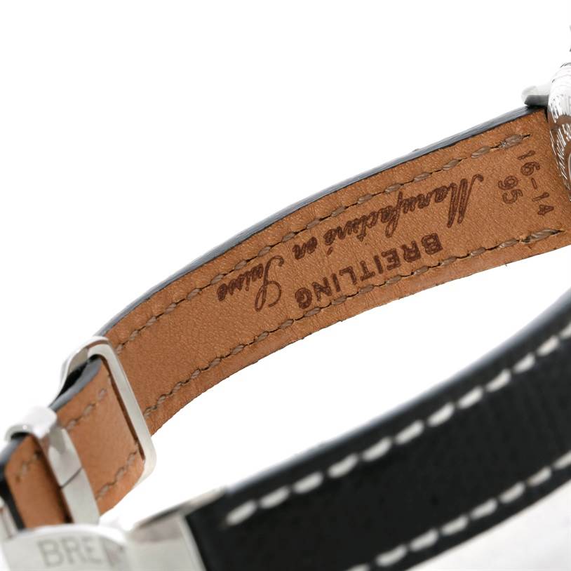 The image shows a close-up angle of the leather strap and buckle of the Breitling A67350 Women
s Stainless Steel Black Dial A67350 Women
s Stainless Steel Black Dial Colt Oceane SQ Ladies Diamond Watch A77350.