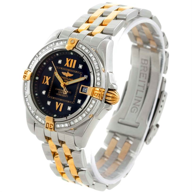 The Breitling B71356 Women
s Steel and Gold (two tone) Black Dial B71356 Women
s Steel and Gold (two tone) Black Dial Cockpit Ladies Steel 18K Yellow Gold Diamond Watch B71356 model is shown at an angle emphasizing the dial and bracelet.
