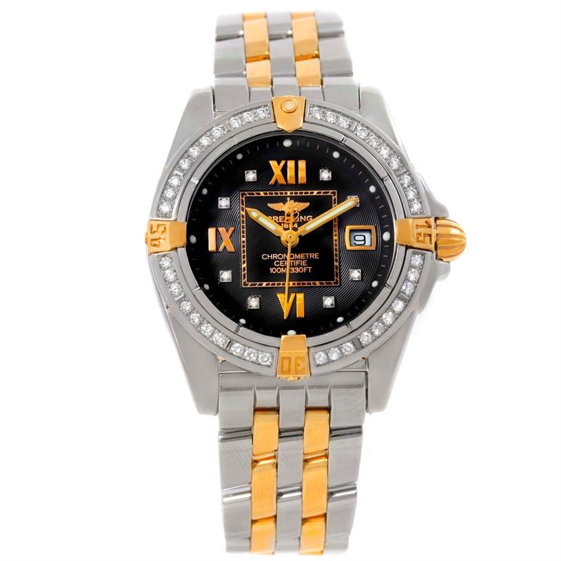 This image shows a front view of the Breitling B71356 Women
s Steel and Gold (two tone) Black Dial B71356 Women
s Steel and Gold (two tone) Black Dial Cockpit Ladies Steel 18K Yellow Gold Diamond Watch B71356 model.