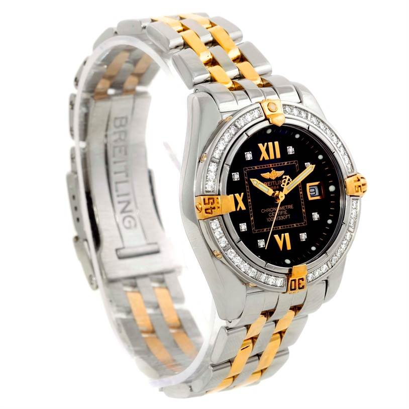 The image shows a Breitling B71356 Women
s Steel and Gold (two tone) Black Dial B71356 Women
s Steel and Gold (two tone) Black Dial Cockpit Ladies Steel 18K Yellow Gold Diamond Watch B71356 model at a three-quarter angle.