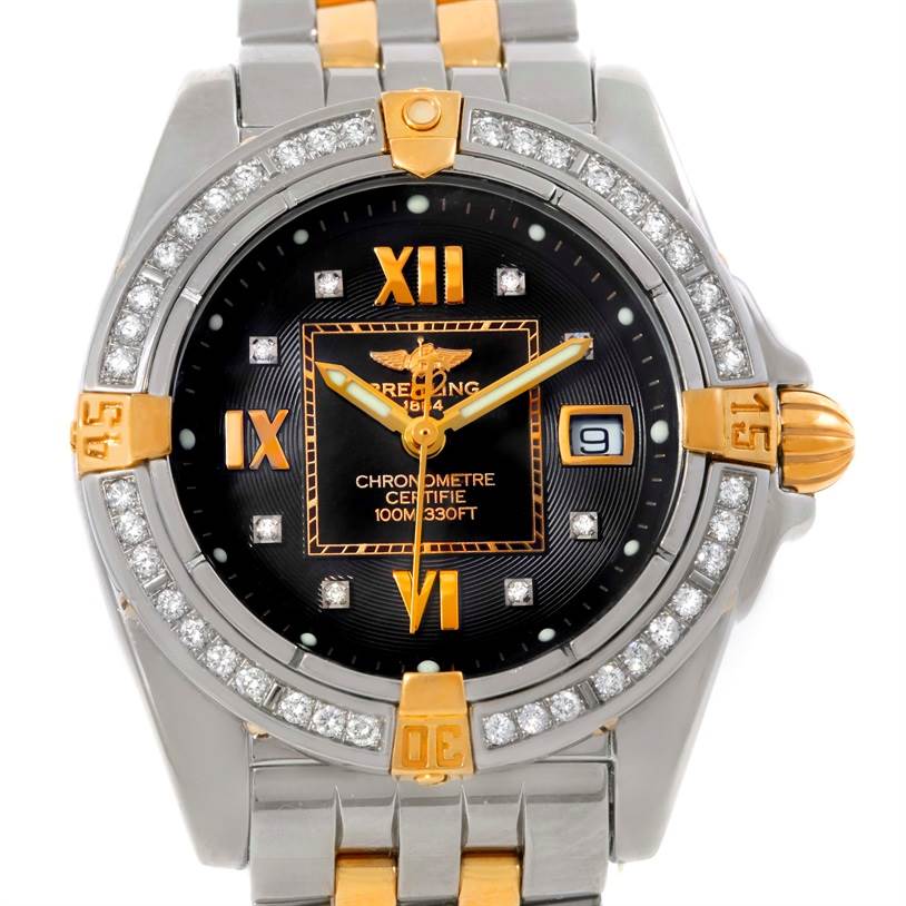 The image shows a Breitling B71356 Women
s Steel and Gold (two tone) Black Dial B71356 Women
s Steel and Gold (two tone) Black Dial Cockpit Ladies Steel 18K Yellow Gold Diamond Watch B71356 from a front angle, highlighting its face and bezel.