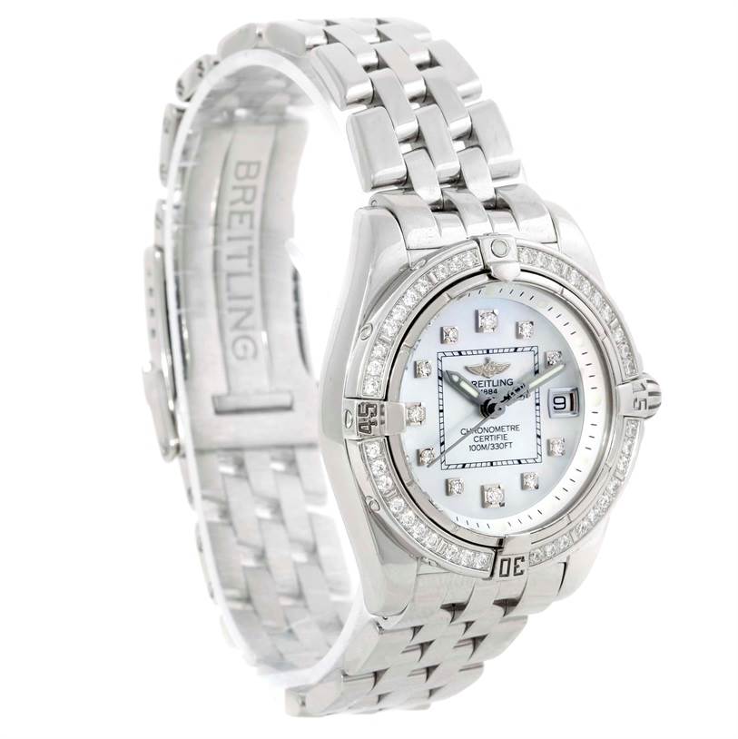 The Breitling A71356 Women's Stainless Steel Mother of Pearl Dial A71356 Women's Stainless Steel Mother of Pearl Dial Windrider Cockpit Ladies A71356 model is shown at a three-quarter angle, highlighting its mother of pearl dial and diamond accents.