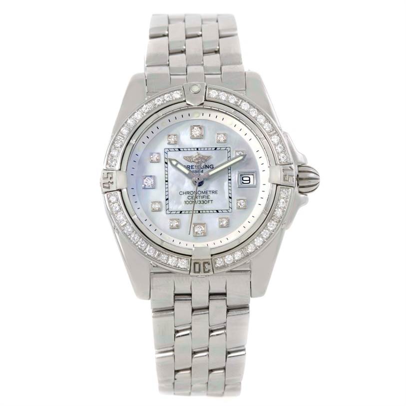 The image shows a front view of the Breitling A71356 Women's Stainless Steel Mother of Pearl Dial A71356 Women's Stainless Steel Mother of Pearl Dial Windrider Cockpit Ladies Mother of Pearl Diamond Watch A71356 with its face and bracelet.