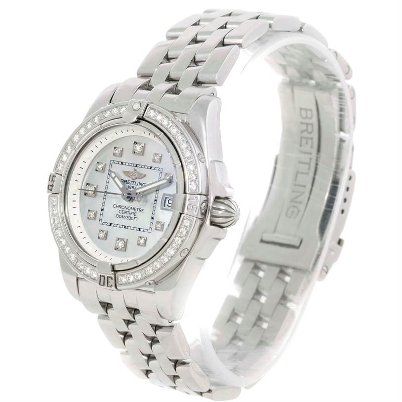 The image shows a three-quarter angle of the Breitling A71356 Women's Stainless Steel Mother of Pearl Dial A71356 Women's Stainless Steel Mother of Pearl Dial Windrider Cockpit Ladies Mother Pearl Diamond Watch A71356, displaying the face, bezel, and bracelet.