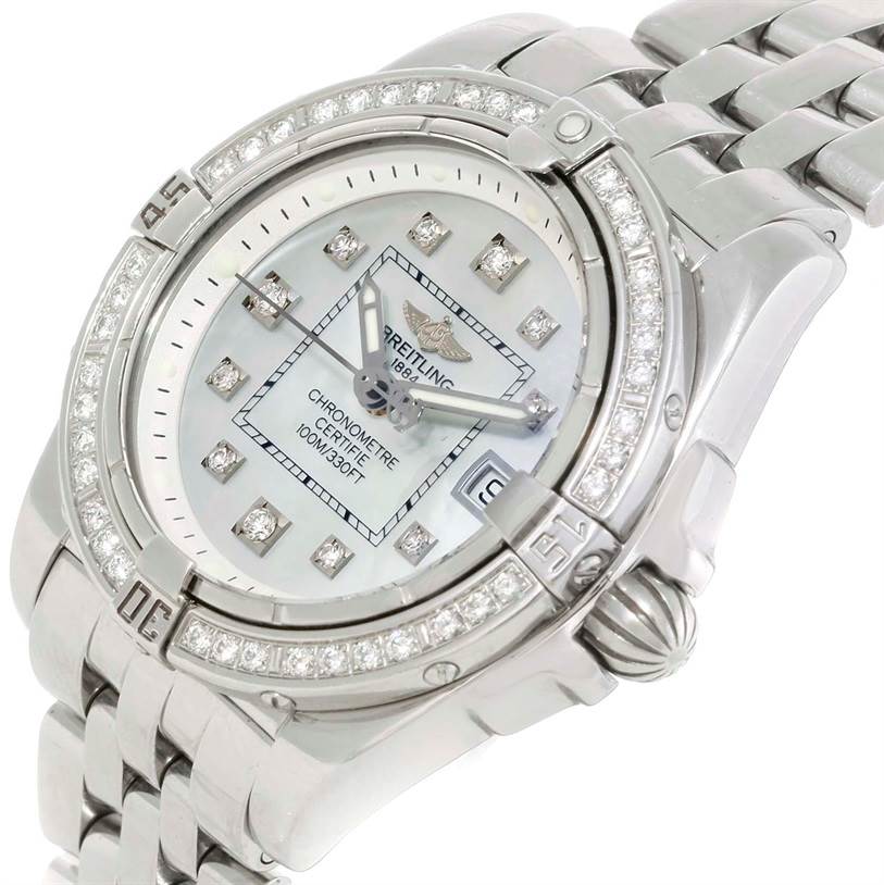 The Breitling A71356 Women's Stainless Steel Mother of Pearl Dial A71356 Women's Stainless Steel Mother of Pearl Dial Windrider Cockpit Ladies Mother Pearl Diamond Watch A71356 is shown at an angled view, displaying its dial, bezel, bracelet, and crown.