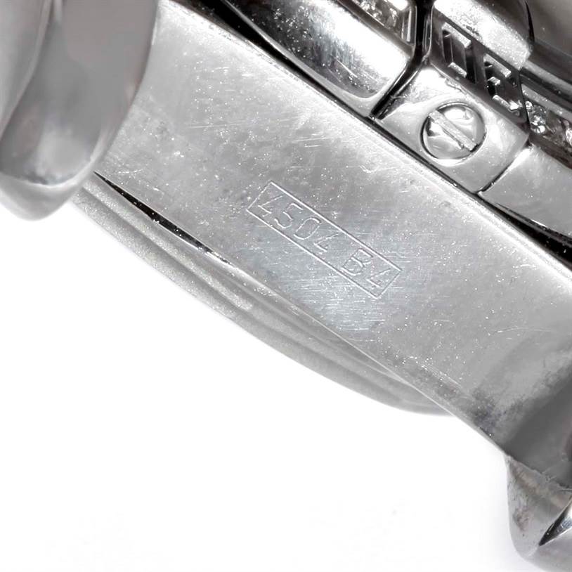 This image shows a close-up of the clasp and model engraving on the bracelet of the Breitling A71356 Women's Stainless Steel Mother of Pearl Dial A71356 Women's Stainless Steel Mother of Pearl Dial Windrider Cockpit Ladies Mother Pearl Diamond Watch A71356.