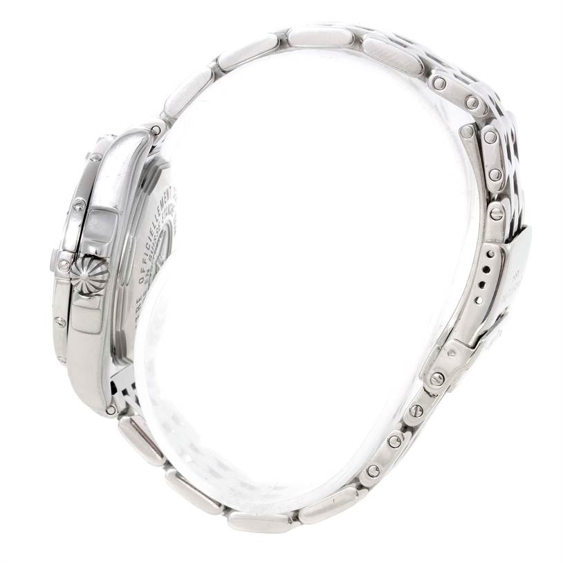 The image shows a side view of the Breitling A71356 Women's Stainless Steel Mother of Pearl Dial A71356 Women's Stainless Steel Mother of Pearl Dial Windrider Cockpit Ladies Mother Pearl Diamond Watch A71356, highlighting the bracelet, crown, and case.