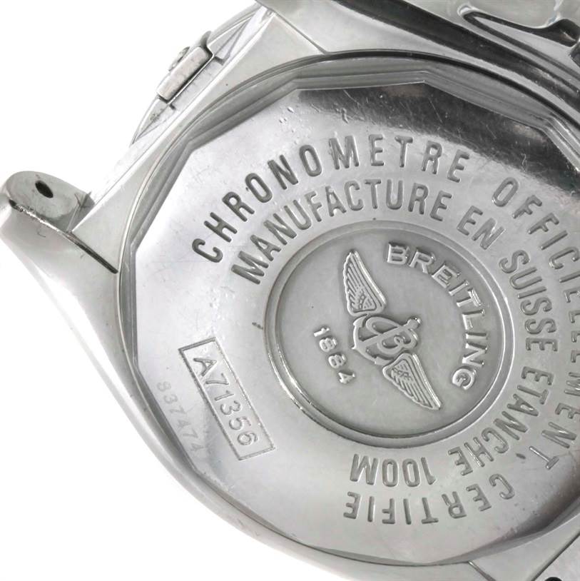 This image shows the back case of the Breitling A71356 Women's Stainless Steel Mother of Pearl Dial A71356 Women's Stainless Steel Mother of Pearl Dial Windrider Cockpit Ladies Mother Pearl Diamond Watch, model A71356.