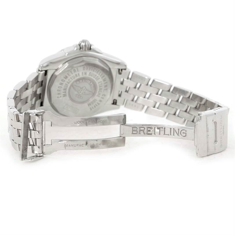 The image shows the back view of the Breitling A71356 Women's Stainless Steel Mother of Pearl Dial A71356 Women's Stainless Steel Mother of Pearl Dial Windrider Cockpit Ladies Mother Pearl Diamond Watch A71356, highlighting the clasp and band.