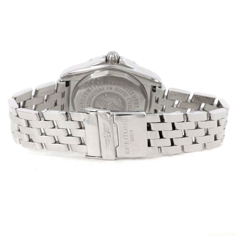 The image shows the back case and bracelet of the Breitling A71356 Women's Stainless Steel Mother of Pearl Dial A71356 Women's Stainless Steel Mother of Pearl Dial Windrider Cockpit Ladies Mother Pearl Diamond Watch A71356.