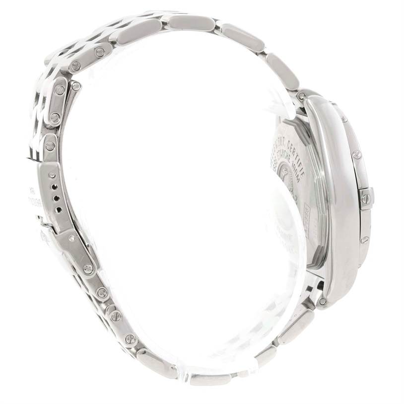 The image displays the side view of a Breitling A71356 Women's Stainless Steel Mother of Pearl Dial A71356 Women's Stainless Steel Mother of Pearl Dial Windrider Cockpit Ladies Mother Pearl Diamond Watch A71356, highlighting the bracelet and case back.