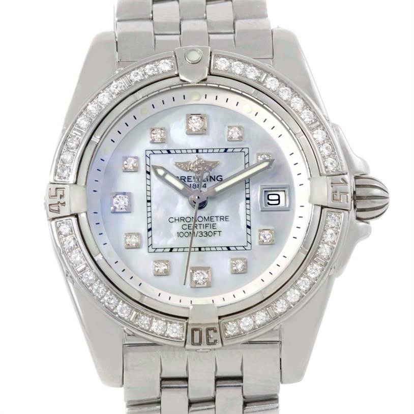 This image shows a front view of the Breitling A71356 Women's Stainless Steel Mother of Pearl Dial A71356 Women's Stainless Steel Mother of Pearl Dial Windrider Cockpit Ladies Mother of Pearl Diamond Watch A71356, displaying the dial, bezel, and bracelet.
