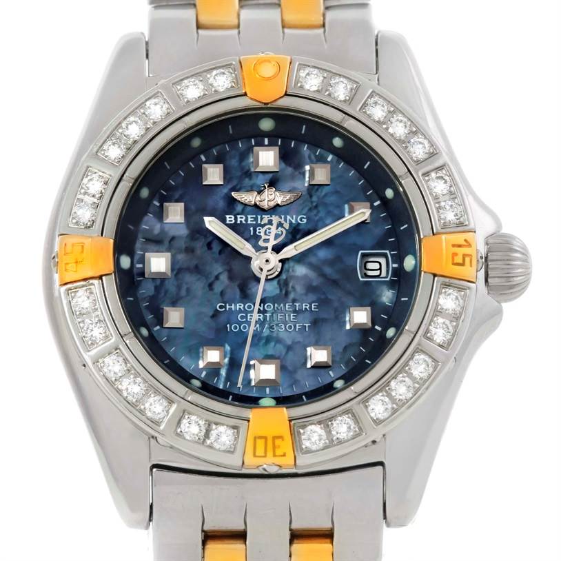 The image shows a front view of the Breitling A72345 Women's Stainless Steel Mother of Pearl Dial A72345 Women's Stainless Steel Mother of Pearl Dial Callisto Ladies Mother of Pearl Diamond Watch A72345 model.