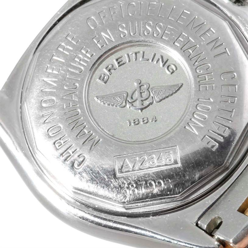 The image shows the back casing of the Breitling A72345 Women's Stainless Steel Mother of Pearl Dial A72345 Women's Stainless Steel Mother of Pearl Dial Callisto Ladies Mother of Pearl Diamond Watch model A72345 from a close-up angle.