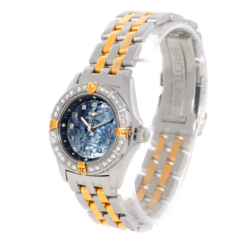 The Breitling A72345 Women's Stainless Steel Mother of Pearl Dial A72345 Women's Stainless Steel Mother of Pearl Dial Callisto Ladies Mother of Pearl Diamond Watch A72345 is shown at an angle highlighting the face, bezel, and bracelet.