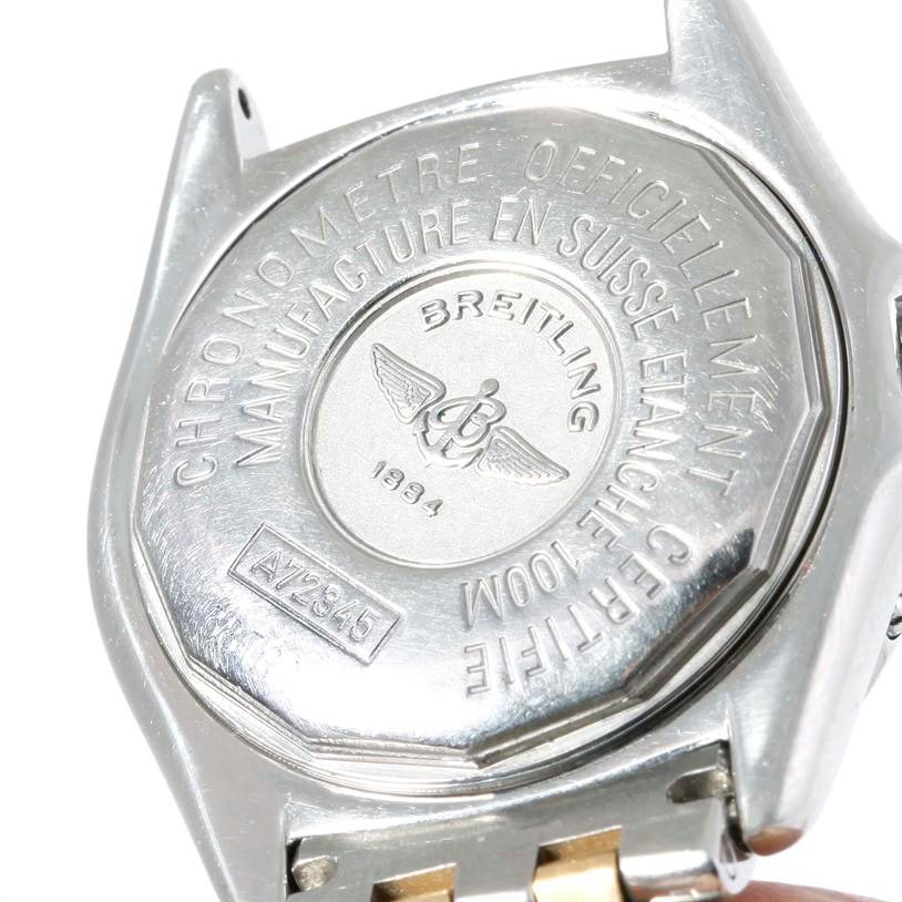 This image shows the back case of a Breitling A72345 Women's Stainless Steel Mother of Pearl Dial A72345 Women's Stainless Steel Mother of Pearl Dial Callisto Ladies Mother of Pearl Diamond Watch A72345 model.