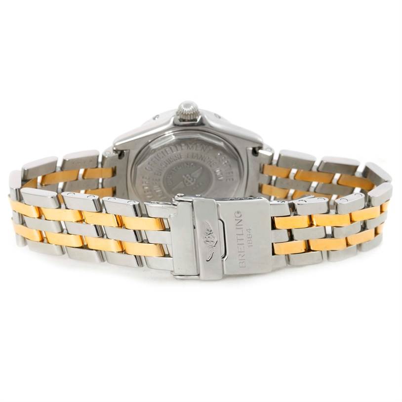 The image shows the backside of the Breitling A72345 Women's Stainless Steel Mother of Pearl Dial A72345 Women's Stainless Steel Mother of Pearl Dial Callisto Ladies Mother of Pearl Diamond Watch A72345, focusing on the clasp and two-tone band.