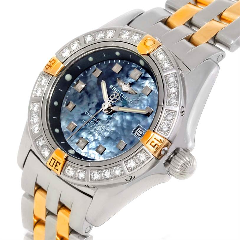 The Breitling A72345 Women's Stainless Steel Mother of Pearl Dial A72345 Women's Stainless Steel Mother of Pearl Dial Callisto Ladies Mother of Pearl Diamond Watch A72345 is shown at a slight angle, focusing on the face, bezel, and part of the band.